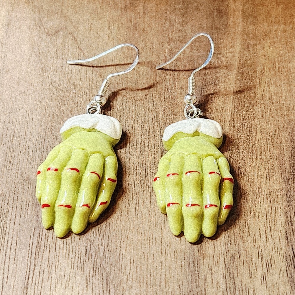 Lime Green Monster Hand Dangle Earrings Halloween Christmas Holiday Jewelry